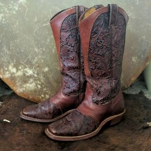 BOULET #2069 hand tooled brown leather square toe cowgirl western boots sz 7 EUC